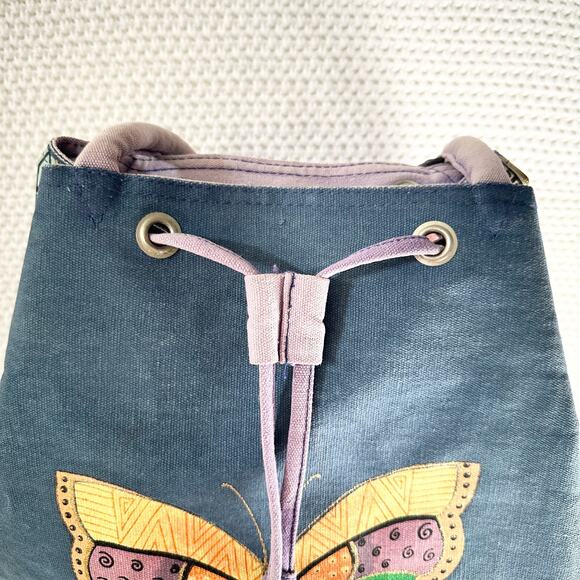 Laurel Burch Blue Denim Purple Drawstring Pull Handpainted Butterfly Backpack - Picture 2 of 13